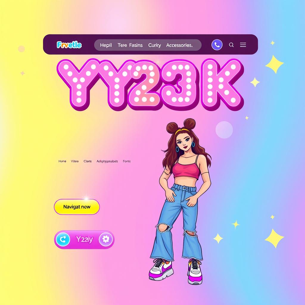 An energetic and colorful online store website interface with a distinct Y2K vibe, featuring retro gradients, playful bubble fonts, and nostalgic 2000s technology icons like floppy disks and old-school cell phones