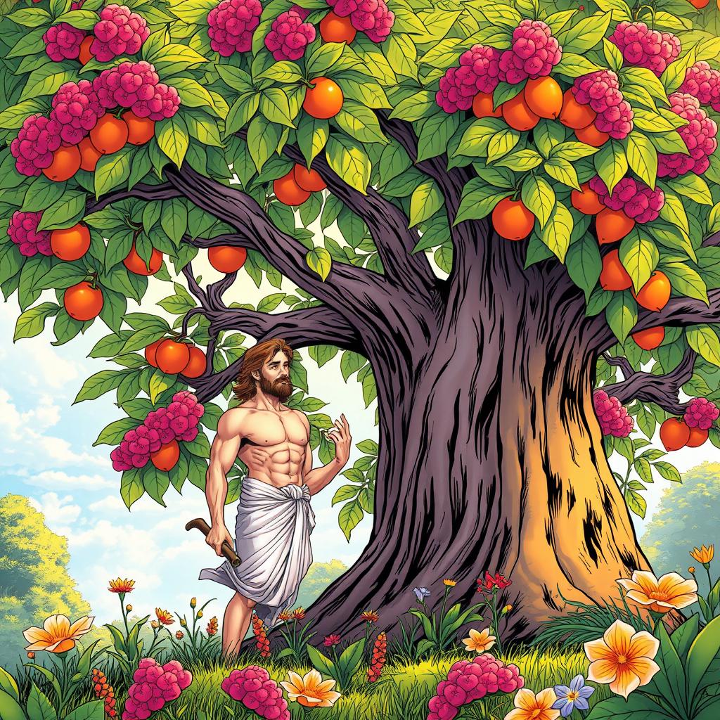 A high-quality comic book illustration of Adam and Eve beneath a lush, vibrant tree in an idyllic paradise setting