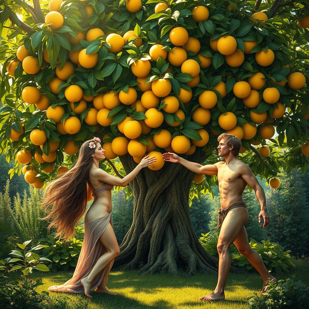 In a lush, vibrant garden, a grand tree with luxurious, verdant leaves and an abundance of golden, tempting fruit stands at the center