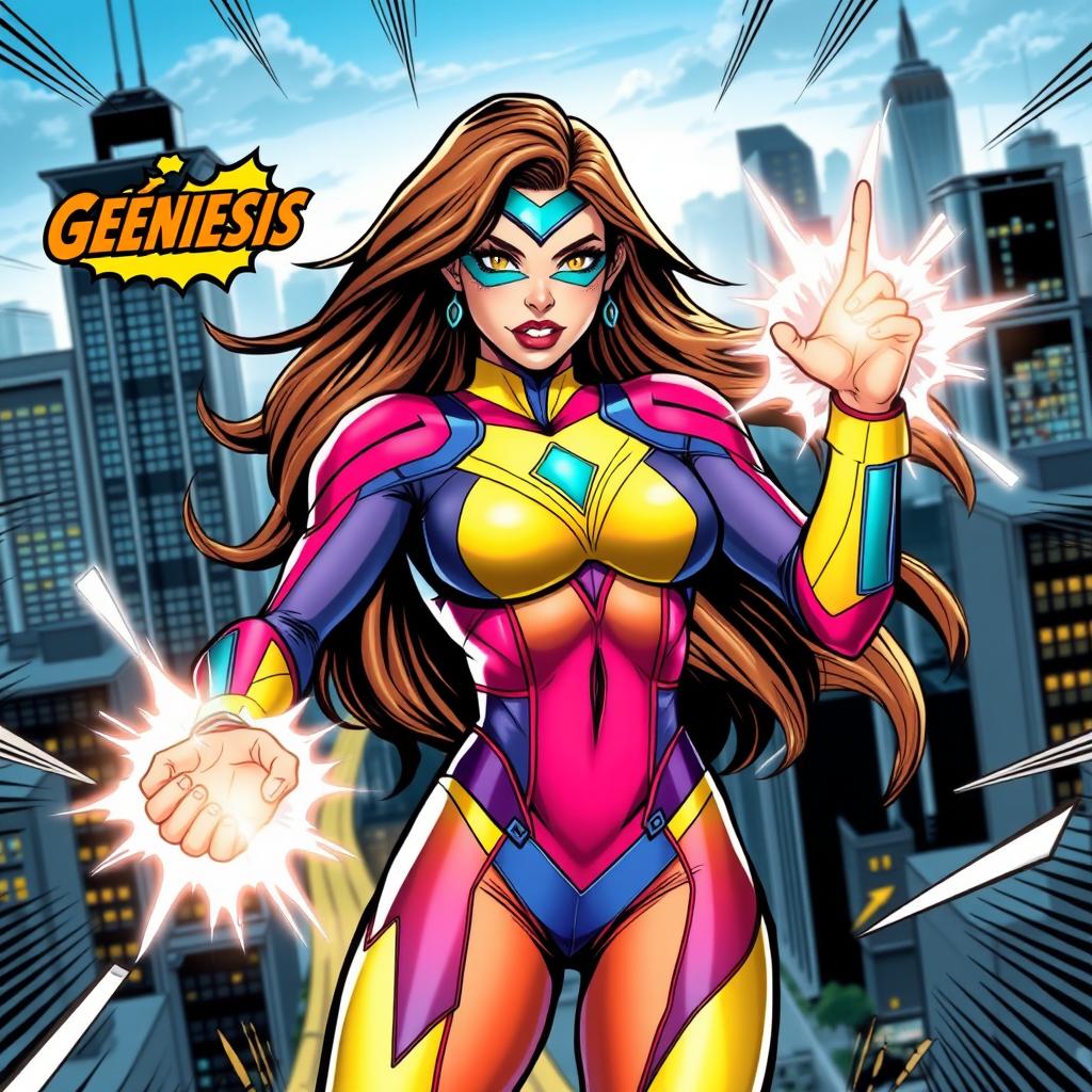 A powerful superhero named Gênesis, depicted in a dynamic and colorful Marvel comic book style