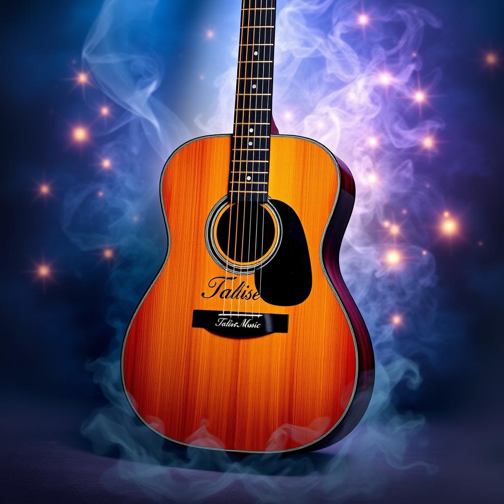 A beautifully crafted acoustic guitar, prominently displayed, with the words 'Talise Music' elegantly inscribed on its body