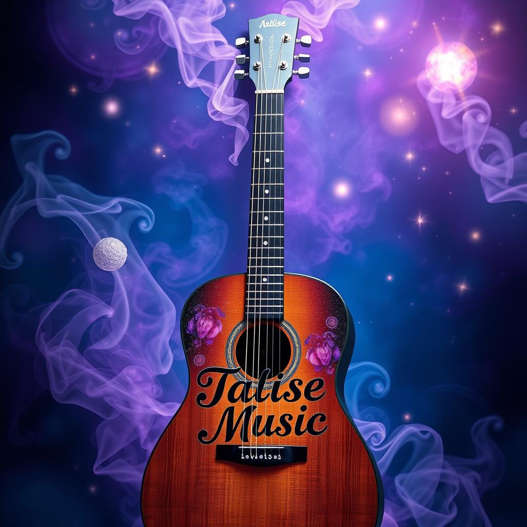 A beautifully designed acoustic guitar, featuring the inscription 'Talise Music' artistically placed on its surface