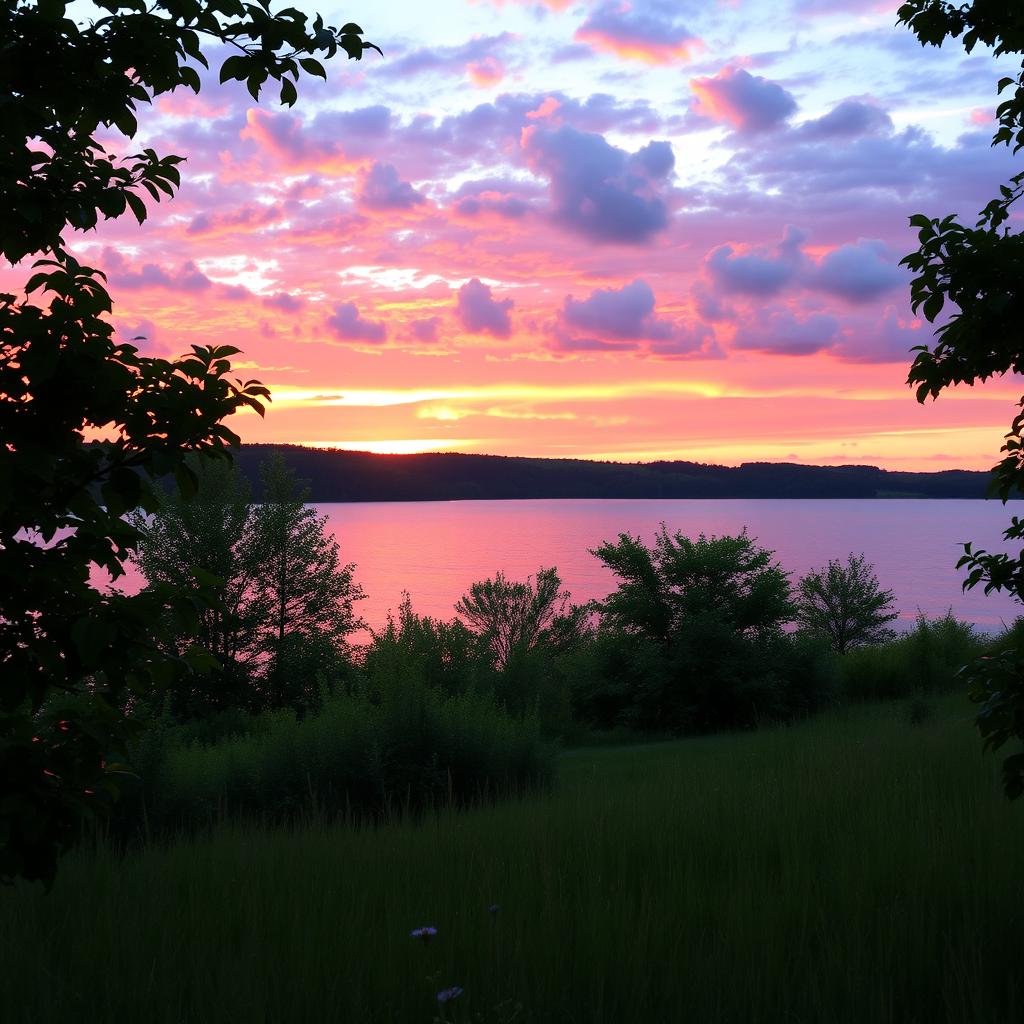 A serene landscape depicting a beautiful sunset over a calm lake, with vibrant shades of orange, pink, and purple reflecting on the water