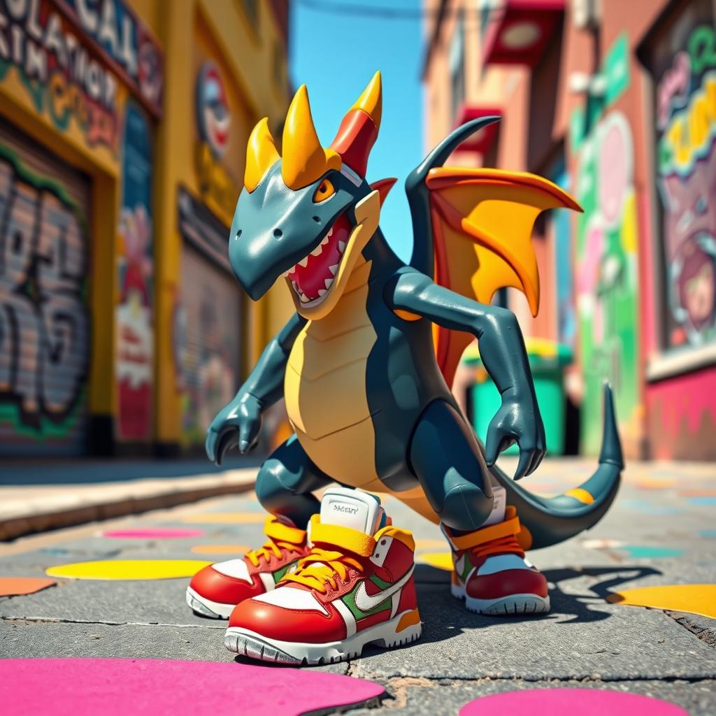 A whimsical scene featuring a Garchomp, the Dragon/Ground-type Pokémon, wearing stylish sneakers