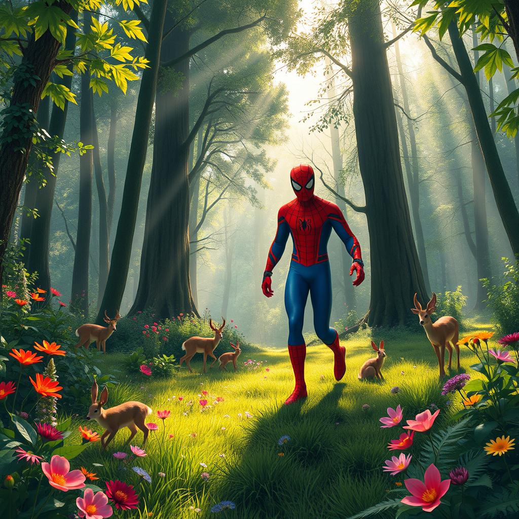 Spider-Man, looking like a superhero in his iconic red and blue suit, confidently walking through a lush, vibrant forest