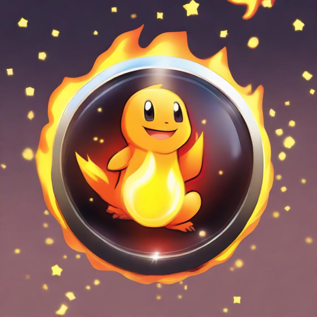 A picture of a shiny digital badge, shaped like a fire, but extinguished. It sparkles, symbolizing the correct guess about the outcome of Charmander's fire being extinguished.