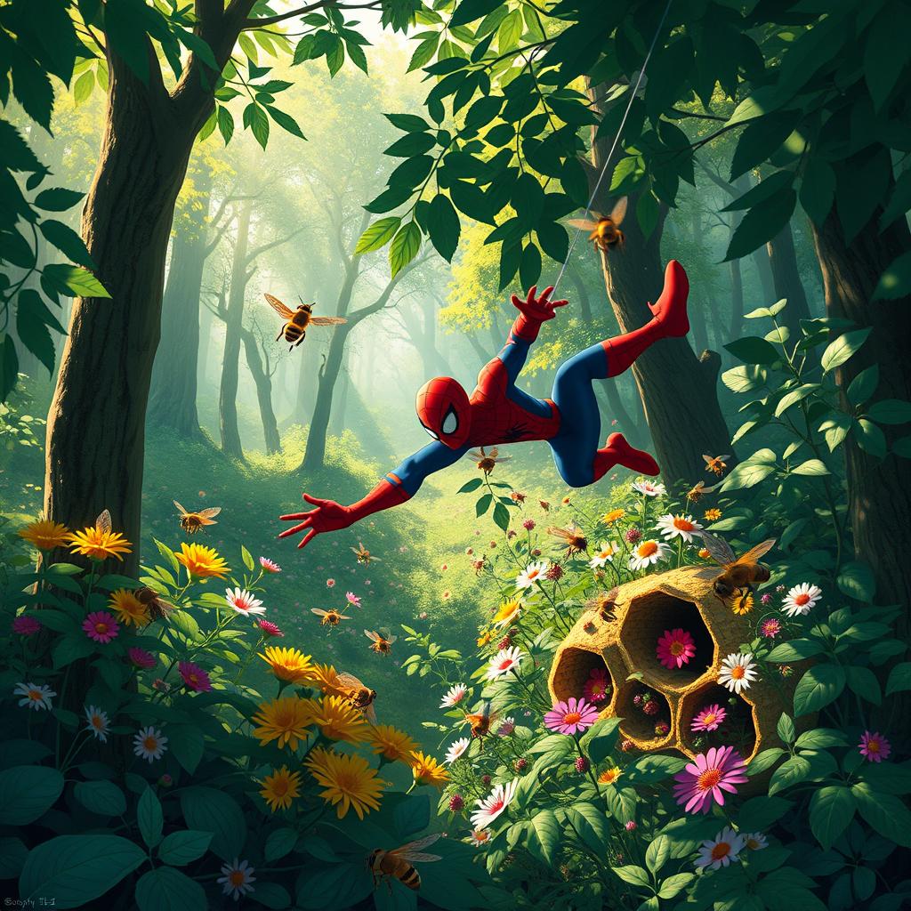 A vibrant forest scene with Spider-Man swinging through a lush green landscape, discovering a bustling hive of bees collecting nectar from colorful flowers and residing in honeycombs nestled among the trees