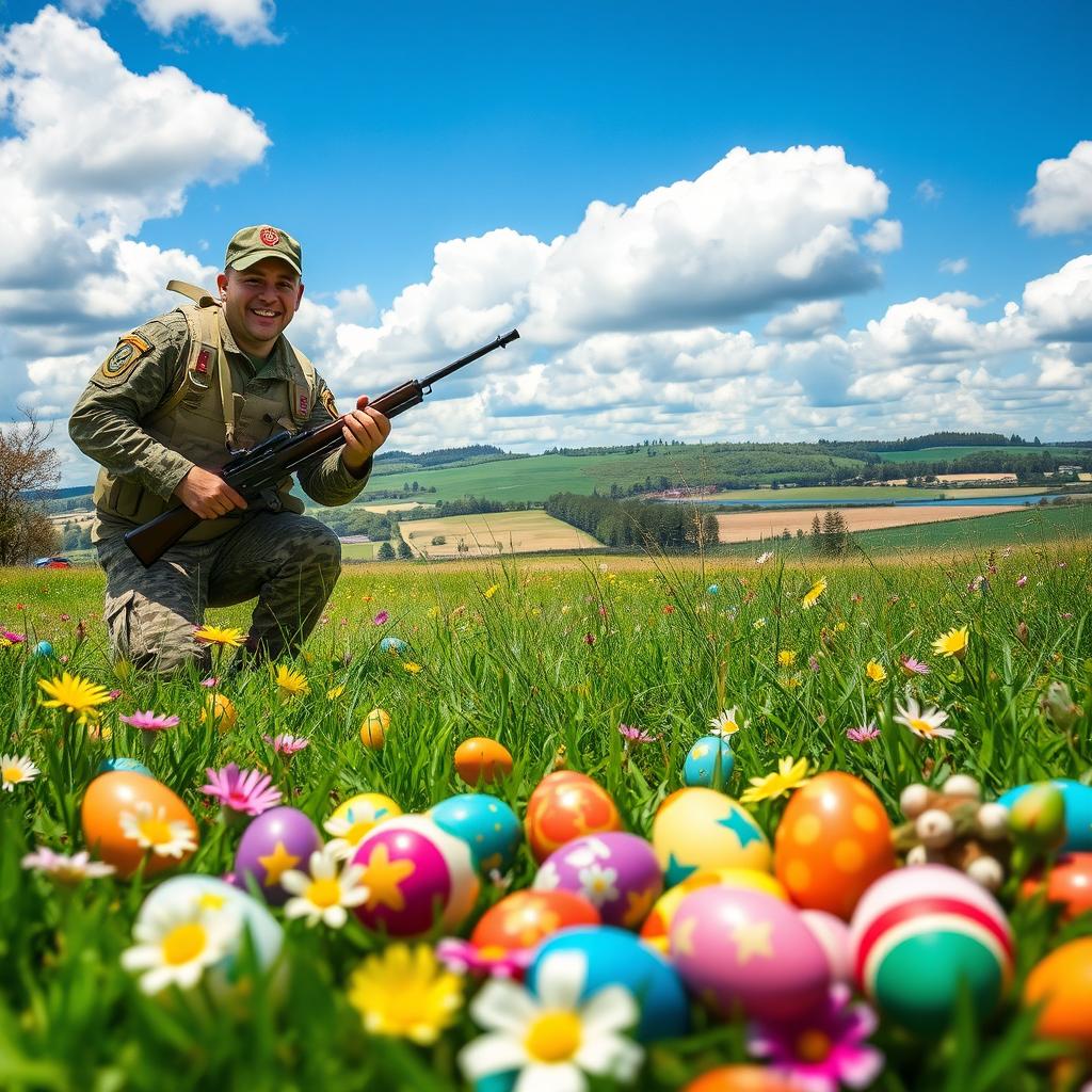 A vibrant and colorful Easter scene featuring an Easter egg hunt in a sunny meadow