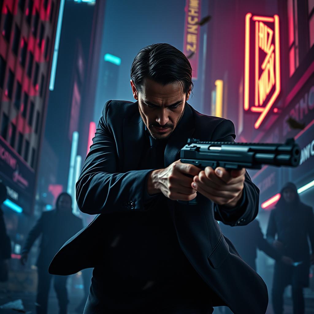 Epic action scene inspired by John Wick, featuring a highly skilled assassin in a sleek black suit, expertly maneuvering through a dimly lit, chaotic urban environment