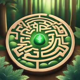 An image of a challenging forest maze. At the center, a leaf-shaped badge glows brightly, representing the objective of reaching the center of the forest maze to earn the leaf badge.