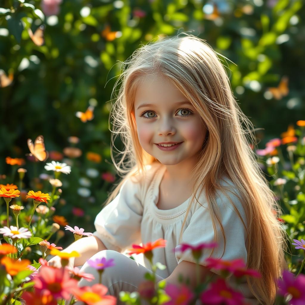 A serene and enchanting portrait of a young girl with long, flowing blonde hair and sparkling hazel eyes