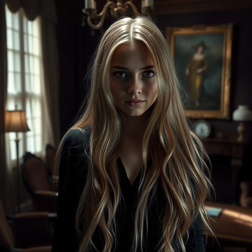 A beautiful girl with long, flowing blonde hair and striking hazel eyes, set in the dark and atmospheric world of the TV series Hannibal
