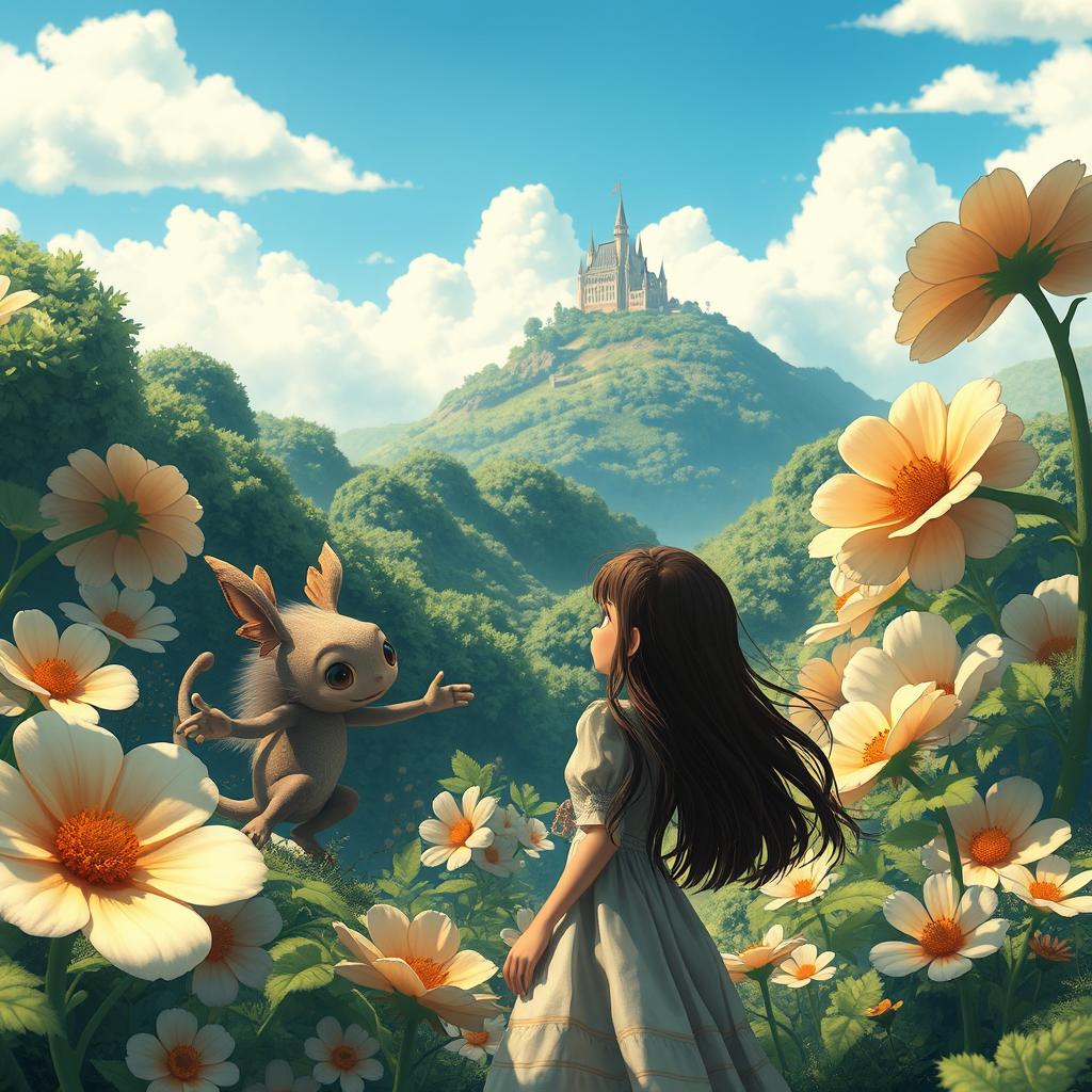 A whimsical landscape filled with lush, oversized flowers and a vibrant blue sky, reminiscent of Studio Ghibli's animated films