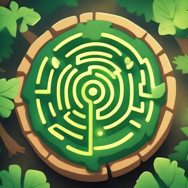 An image of a challenging forest maze. At the center, a leaf-shaped badge glows brightly, representing the objective of reaching the center of the forest maze to earn the leaf badge.