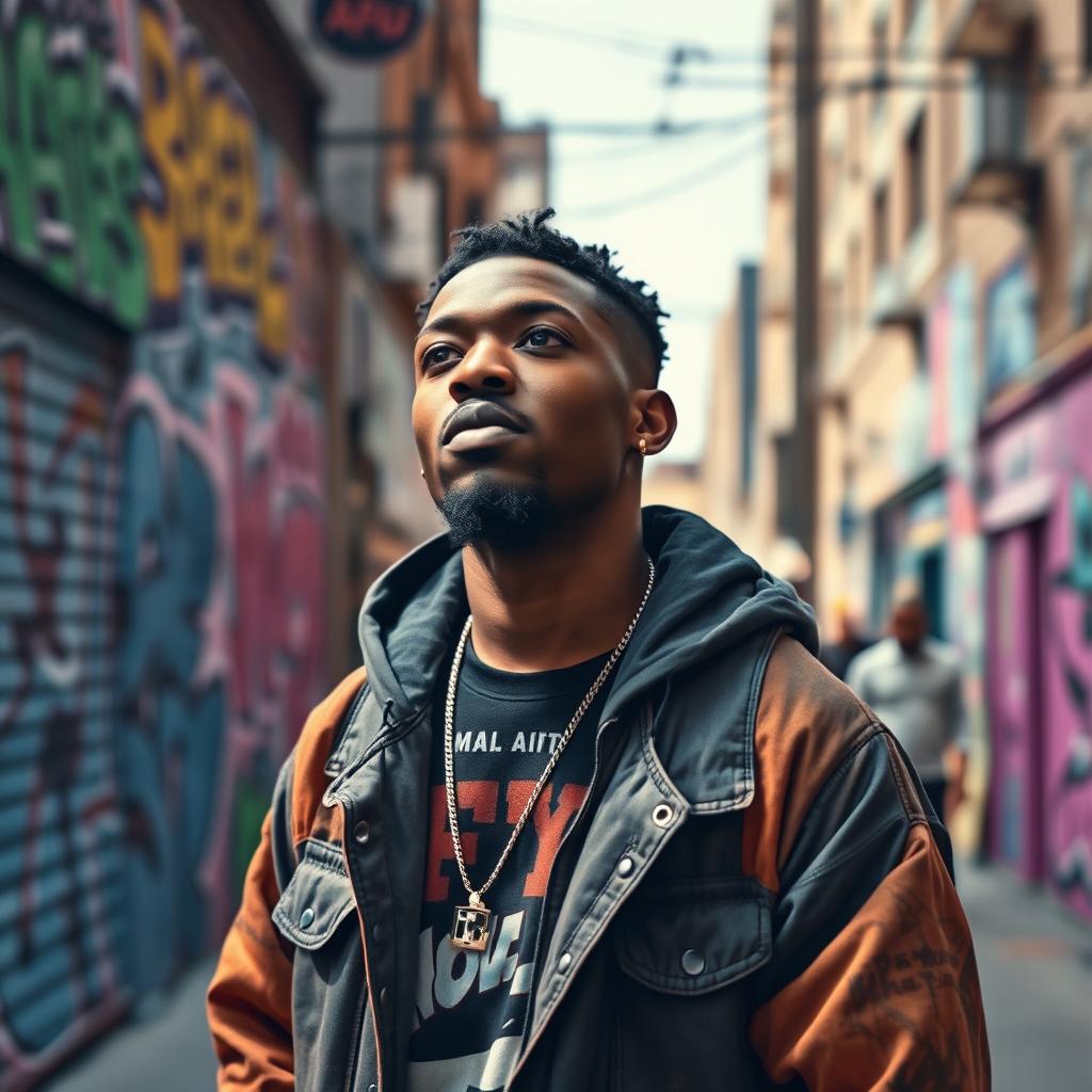 A marginalized Black man standing confidently, looking forward with determination and strength in his eyes