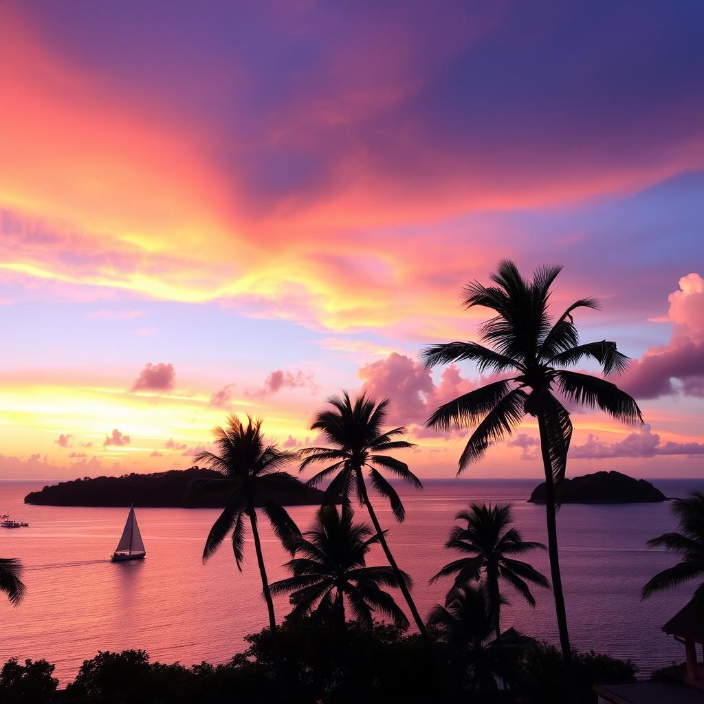 A beautiful, serene landscape featuring a vibrant sunset over a calm ocean