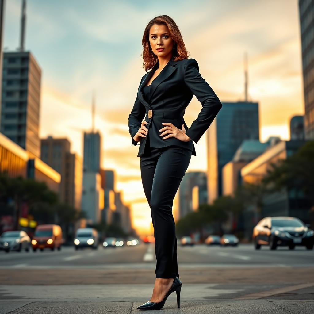 A powerful and confident woman standing in an urban environment, dressed in a tailored black suit and stilettos, exuding authority and sophistication