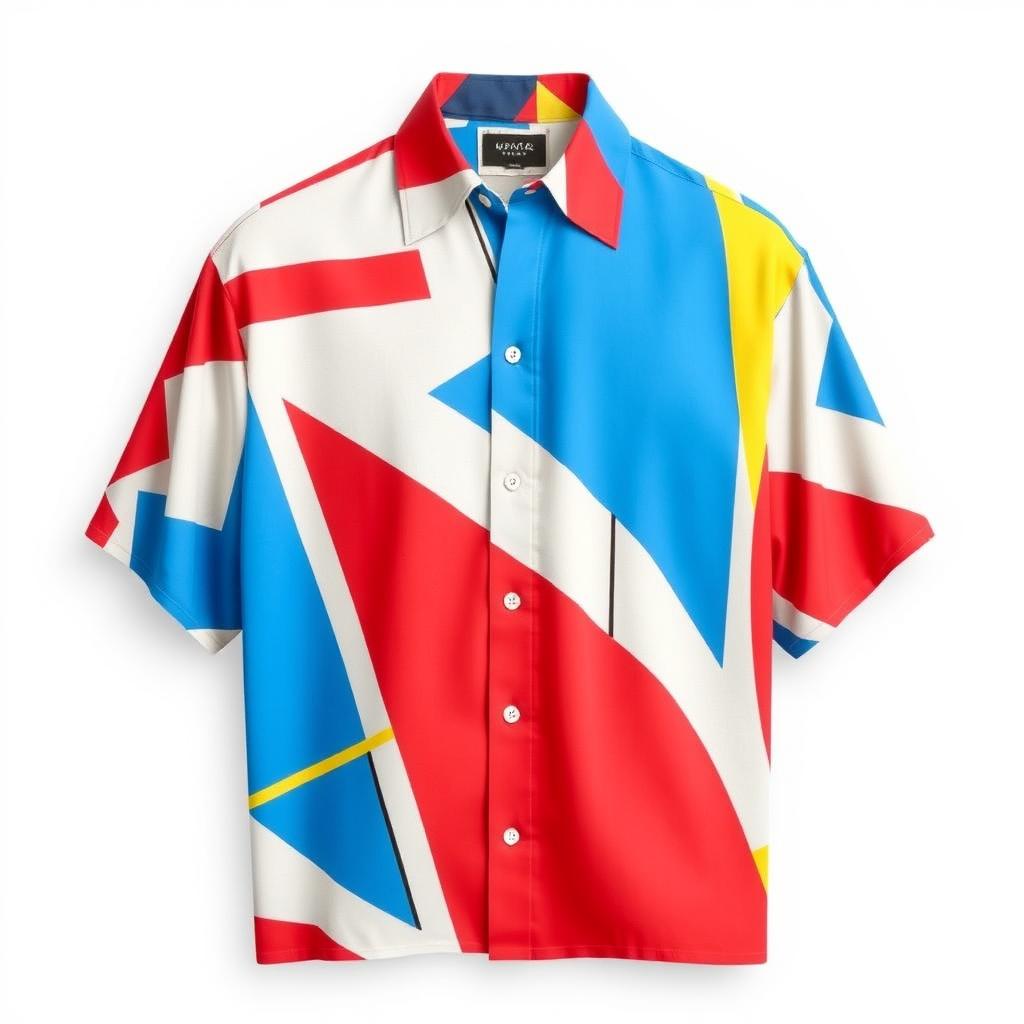A stylish, modern shirt with a vibrant geometric pattern, featuring bold colors like electric blue, fiery red, and sunshine yellow
