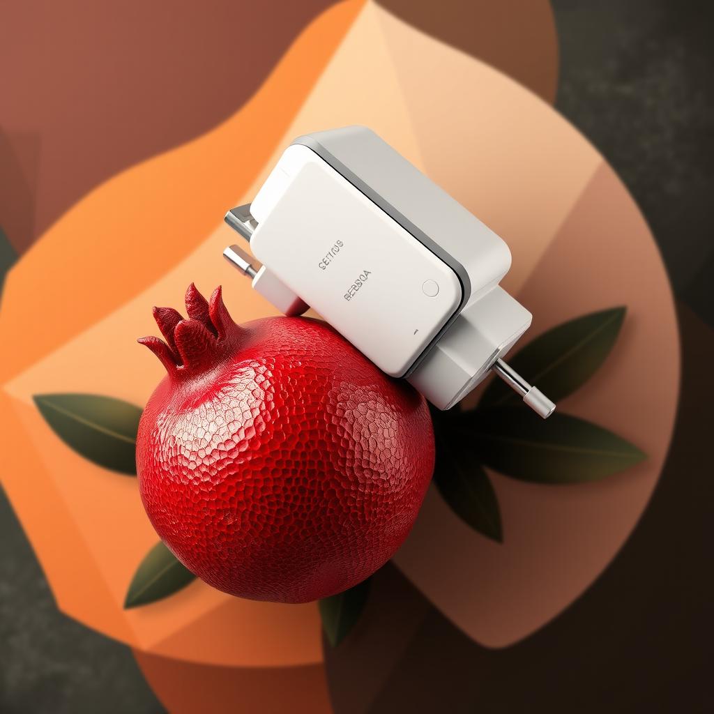 A creative composition depicting a SA-RE300A charger intertwined with the fruit known as pomegranate
