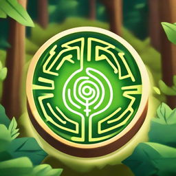 An image of a challenging forest maze. At the center, a leaf-shaped badge glows brightly, representing the objective of reaching the center of the forest maze to earn the leaf badge.