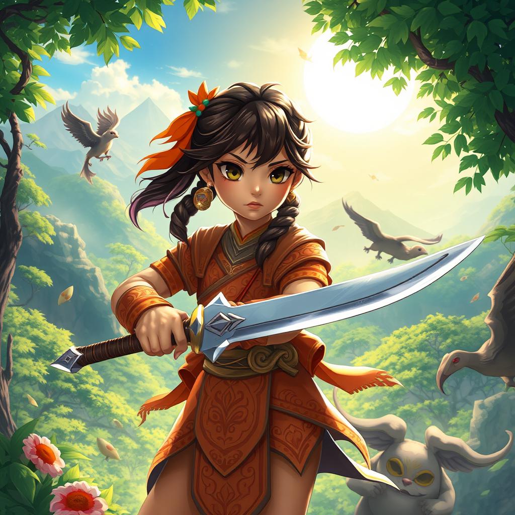 A vibrant and enchanting illustration of a young warrior girl named Raya from the fantasy world of Kumandra, dressed in her eye-catching traditional outfit featuring intricate patterns and warm colors