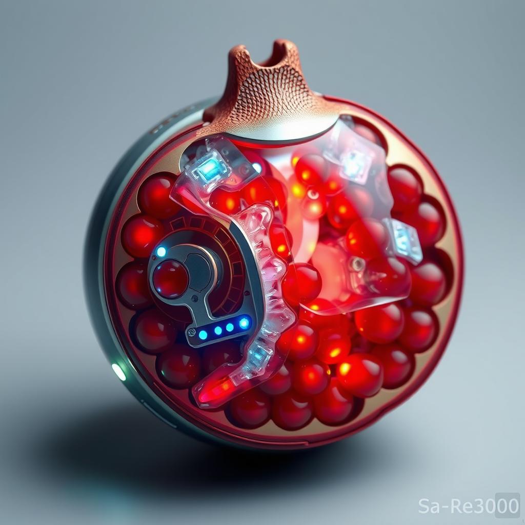 A new object that creatively combines the features of a sa-re300a (a futuristic tech device) with the internal structure of a pomegranate fruit, showcasing the mechanical parts intertwined with the vivid red seeds and textured white pith