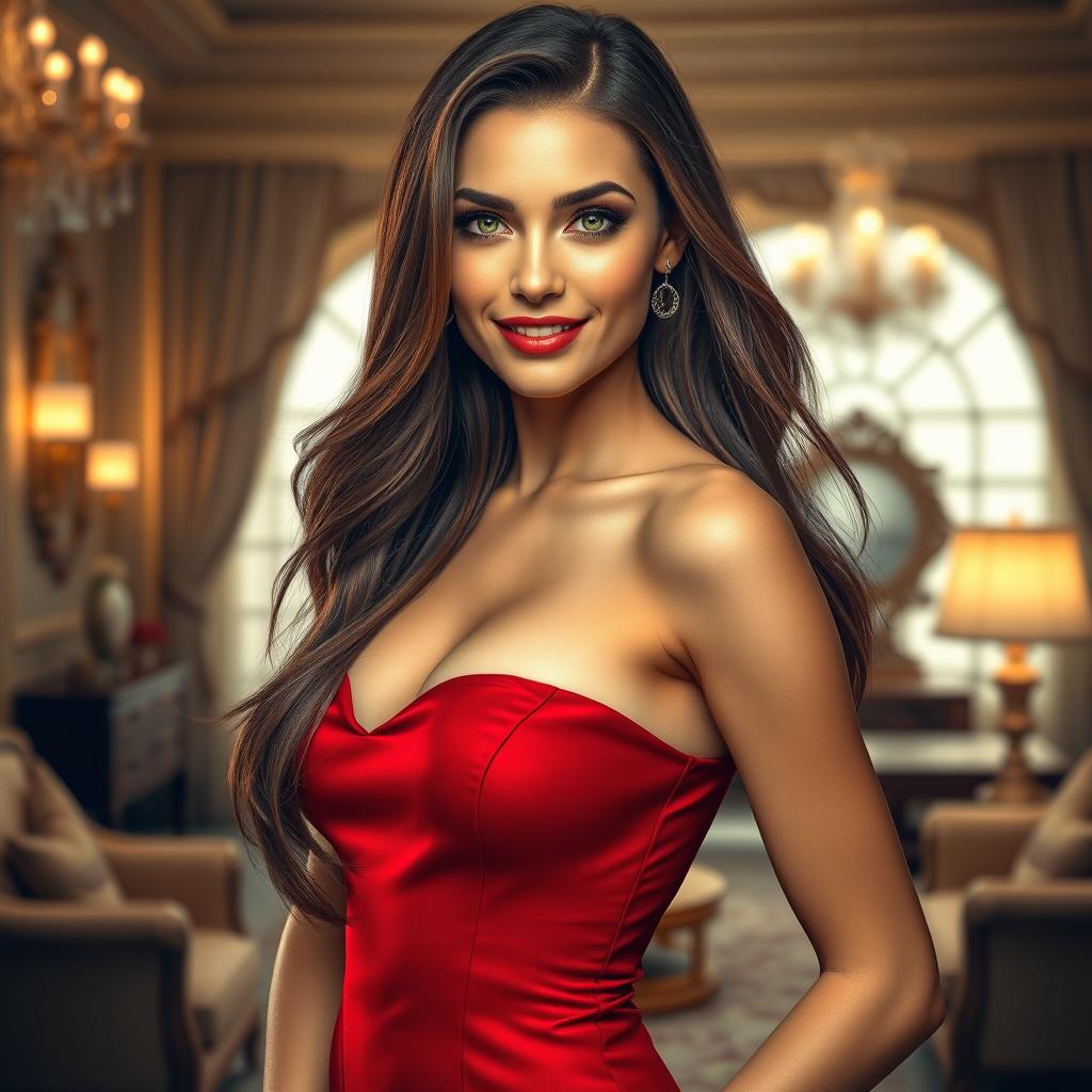 A stunning, hyper-realistic portrait of a beautiful, confident woman in a luxurious setting