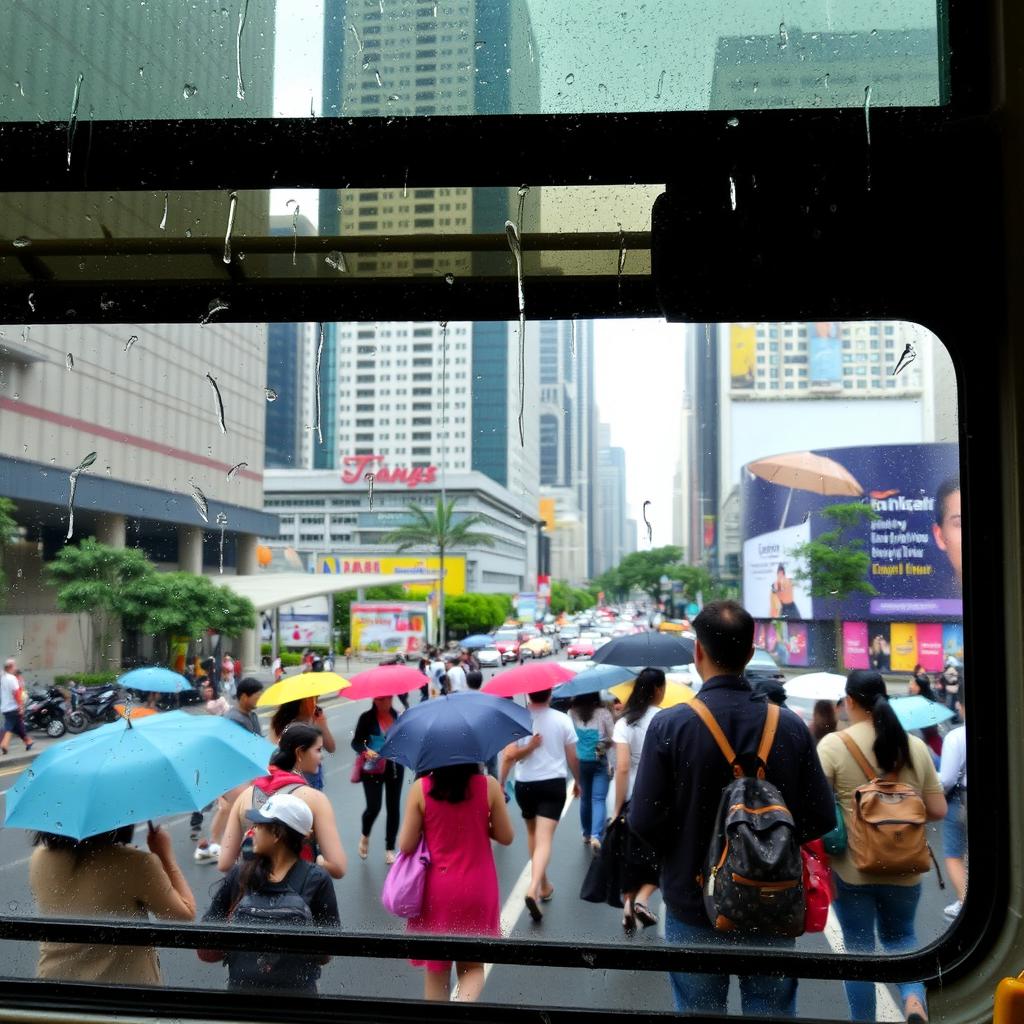 A busy city scene viewed from a bus window, showing vibrant urban life