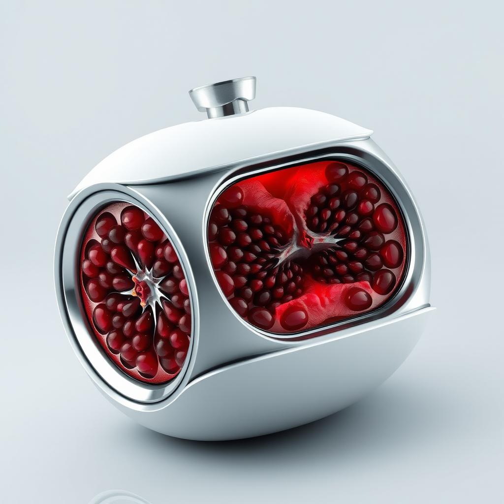 An innovative object that seamlessly combines the sleek design of a SA-RE300A audio system and the internal structure of a pomegranate fruit