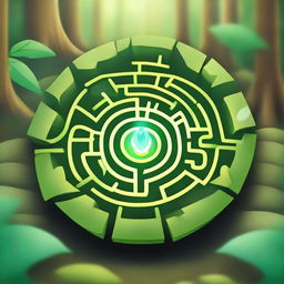 An image of a challenging forest maze. At the center, a leaf-shaped badge glows brightly, representing the objective of reaching the center of the forest maze to earn the leaf badge.