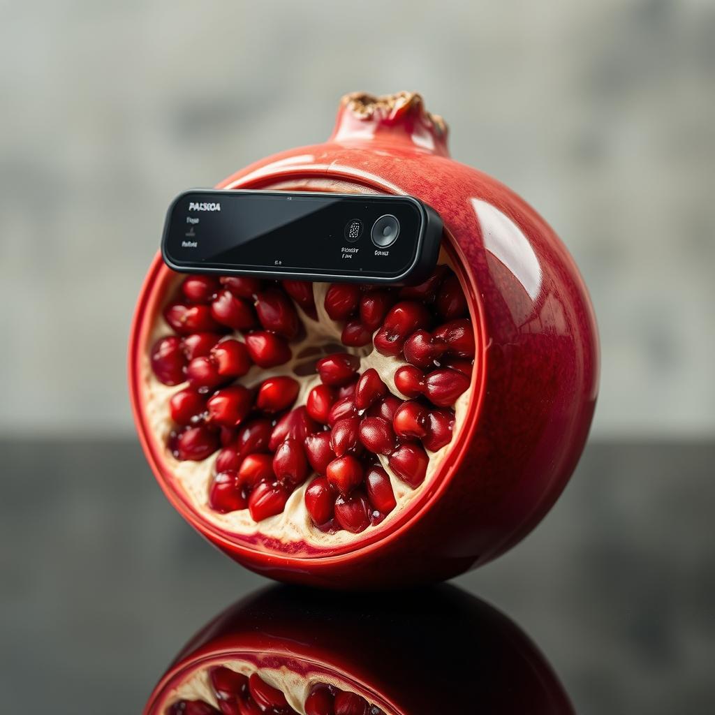 An object seamlessly combining a SA-RE300A speaker and the internal structure of a pomegranate, featuring the speaker's recognizable design elements blended harmoniously with the vibrant red seeds and fleshy texture of the pomegranate's interior