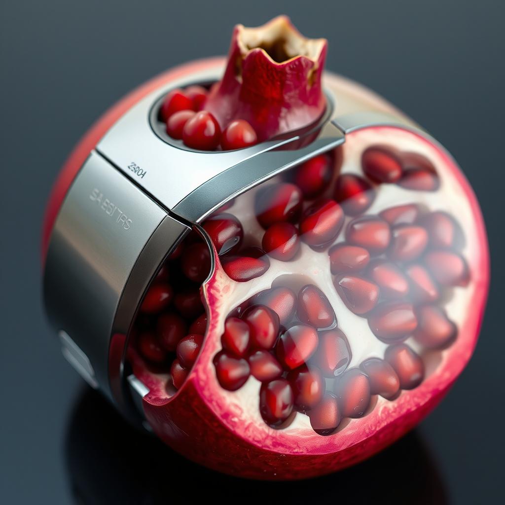 A surreal and imaginative object that seamlessly combines the sleek, high-tech design of a SA-RE300A with the vibrant, textured interior of a pomegranate