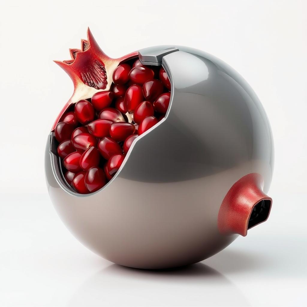 A fantastical hybrid object combining an A-Re300A model (known for its sleek design and technological features) and the inner parts of a pomegranate (bright red seeds and fleshy texture)