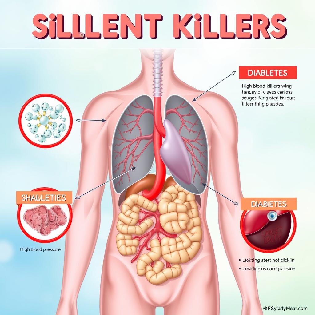 An educational illustration depicting the various "silent killers" in the human body, including high blood pressure, diabetes, and high cholesterol