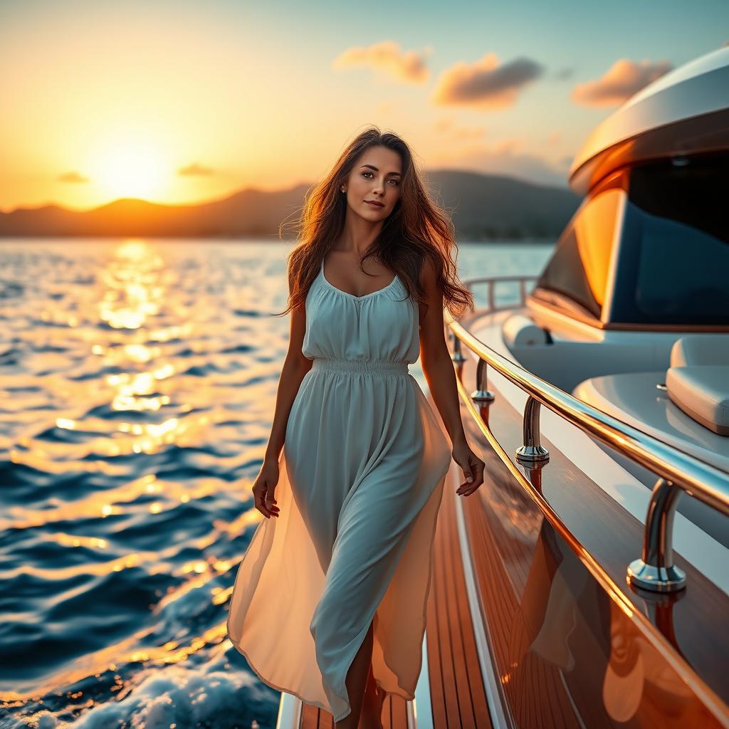 A highly realistic portrayal of an elegant woman standing confidently at the edge of a luxury yacht, with the ocean waves gently lapping at the sides
