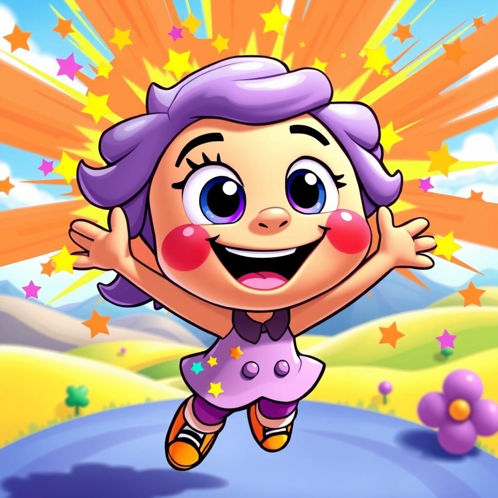 A vibrant cartoon character with a playful expression, wearing a colorful outfit