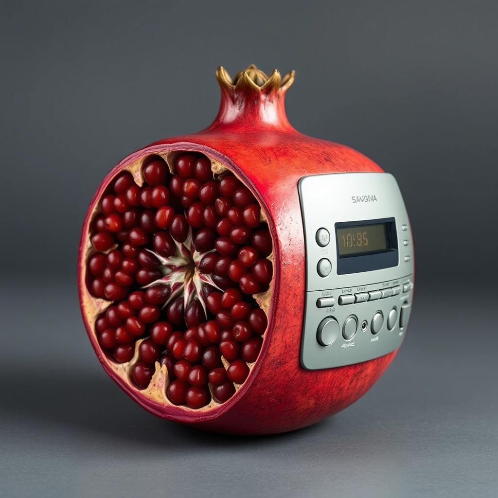 A unique object that creatively combines a SA-RE300A audio device with the internal structure of a pomegranate fruit