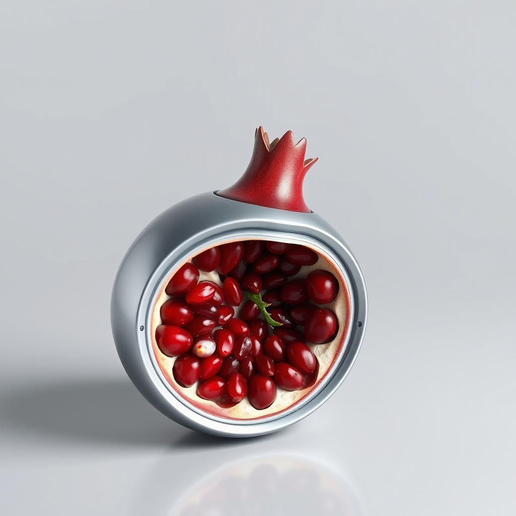 A surreal object that seamlessly combines a sa-re300a device with the inner structure of a pomegranate, creating an innovative fusion that looks like a single cohesive item