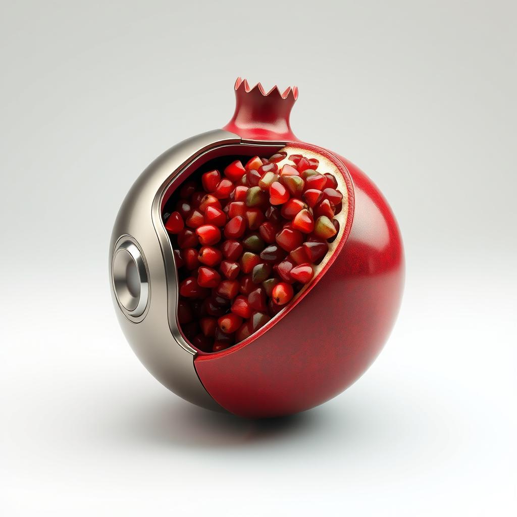 A surreal and imaginative object that seamlessly combines a sa-re300a sound system with the internal structure of a pomegranate