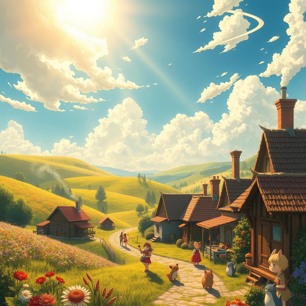 A beautiful and enchanting scene in the spirit of Ghibli films, showcasing a lush, vibrant landscape with rolling hills, colorful flowers, and a whimsical sky