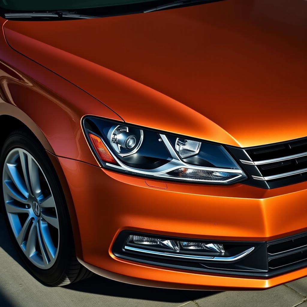 A highly detailed image of a 2012 Volkswagen Passat featuring elegantly improved headlights, with a sleek design that enhances its sophisticated appeal