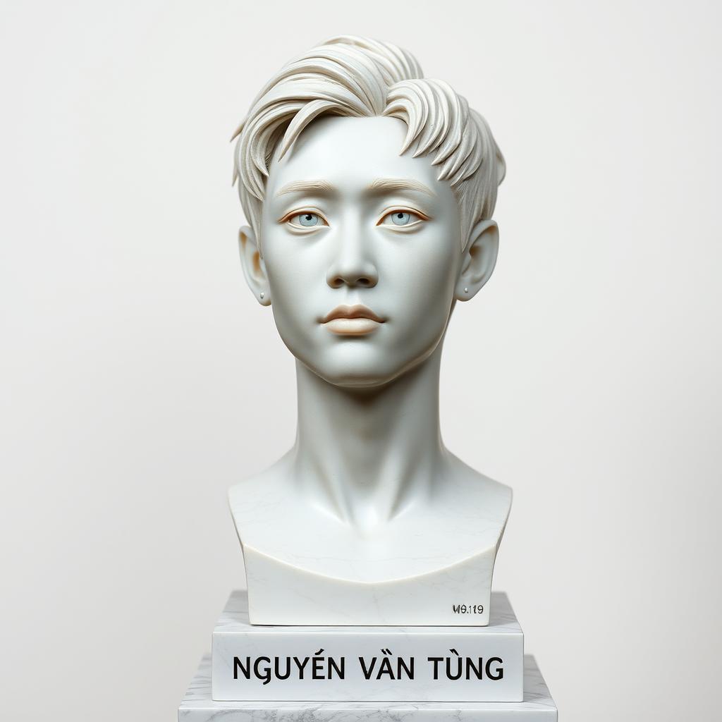 A realistic white marble bust of a young man, featuring short dyed hair and facial piercings