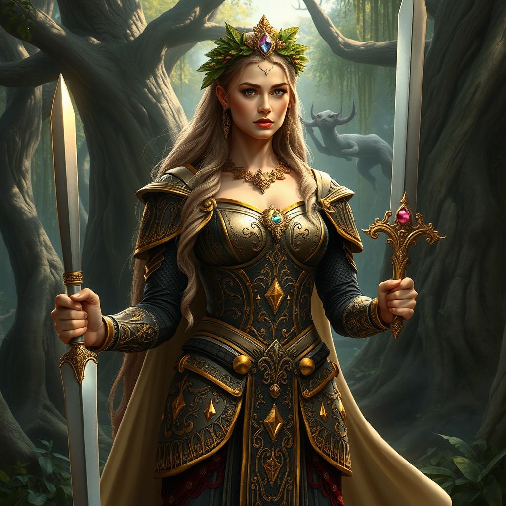 A powerful and regal queen warrior standing confidently in a lush forest, adorned in intricately designed armor with gold accents that glint under the sunlight