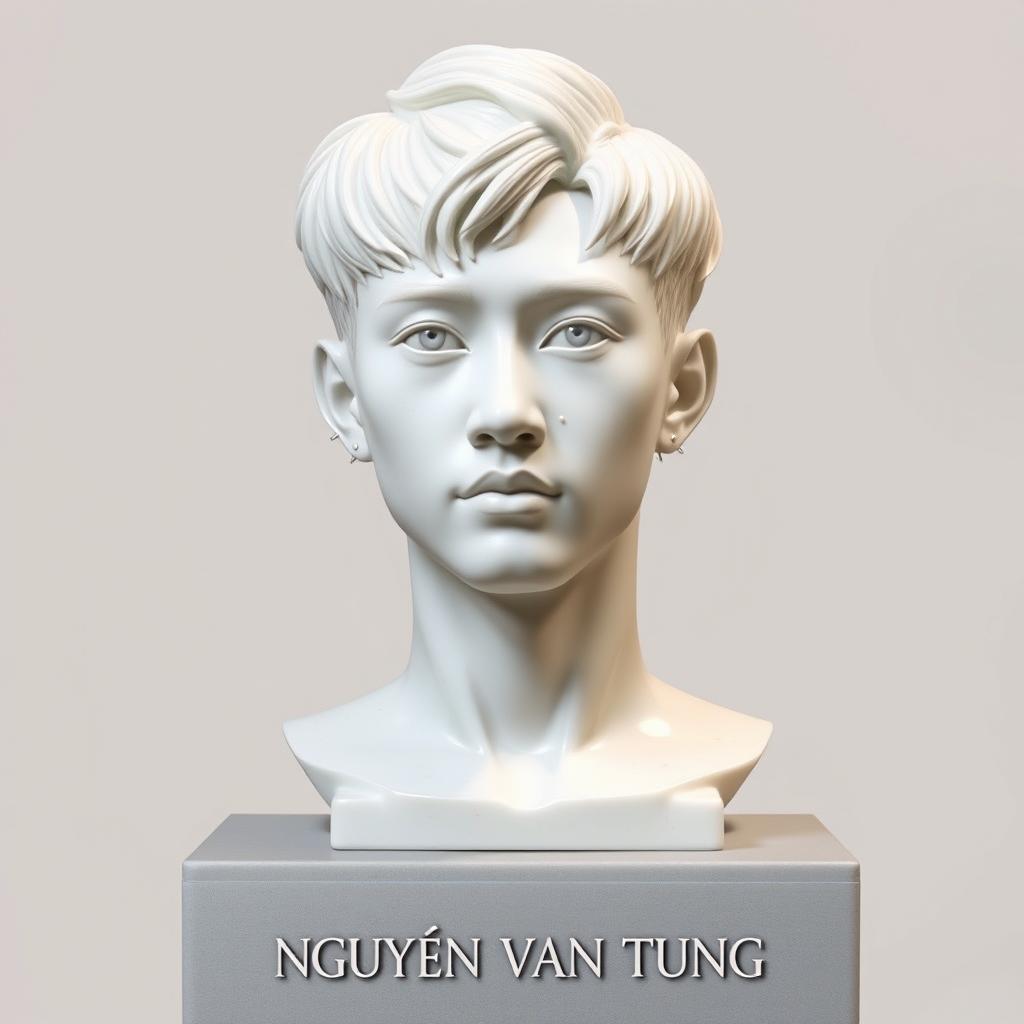 A realistic white marble bust of a young man, showcasing short dyed hair and distinct facial piercings