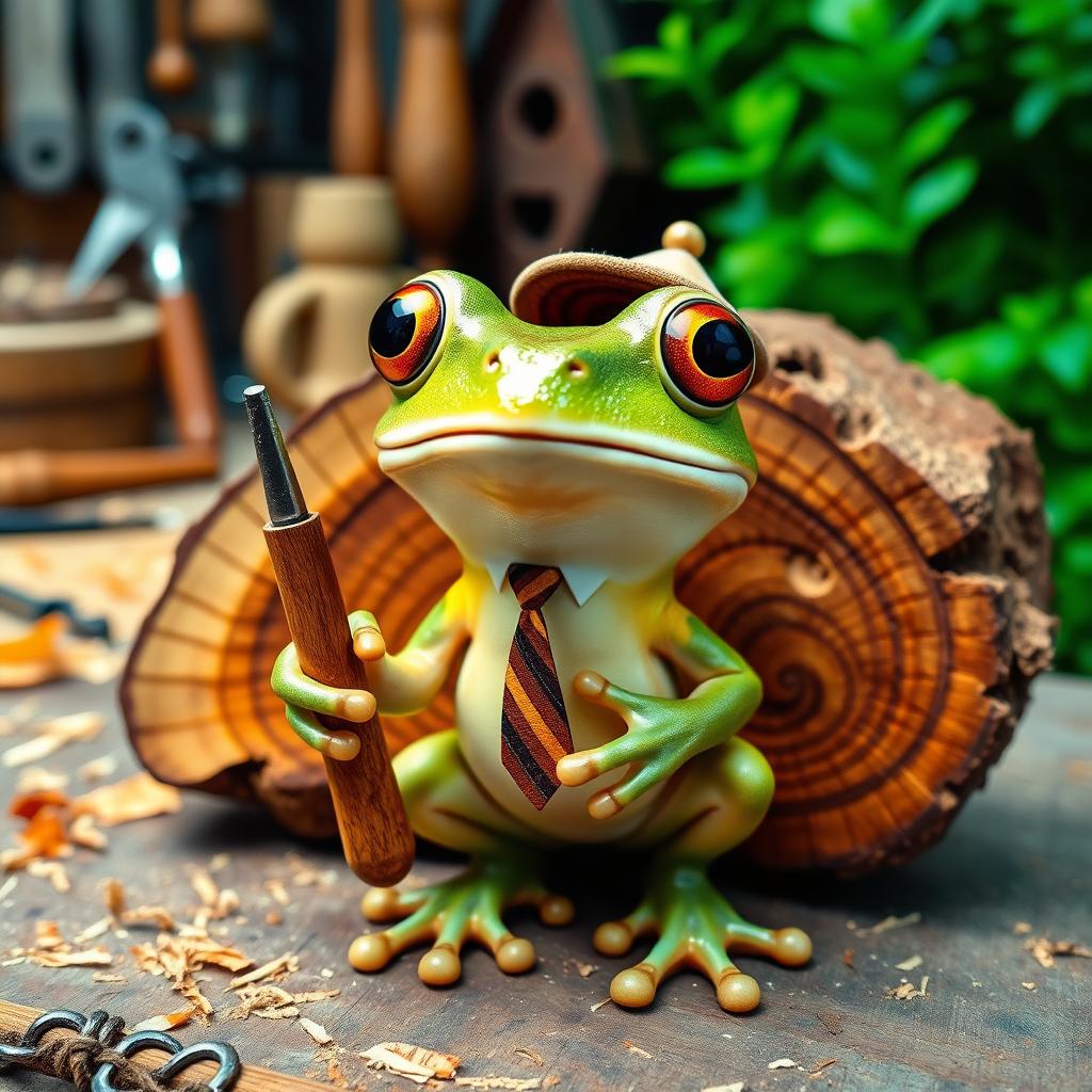 A cute frog with large, colorful eyes, wearing a small tie or a tiny hat to enhance its playful side