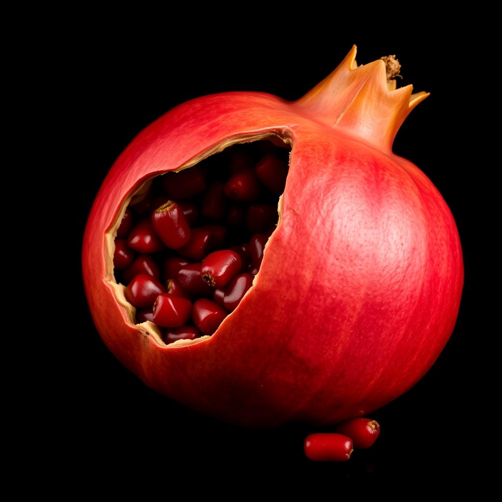 A vibrant, fresh pomegranate with a hollow carved into its side, shaped like a gun magazine