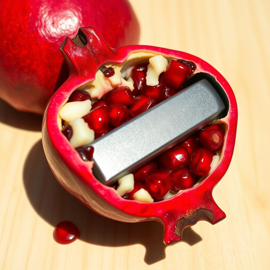 A half-open pomegranate with a hollowed-out section shaped like a gun magazine, showing the juicy red seeds inside