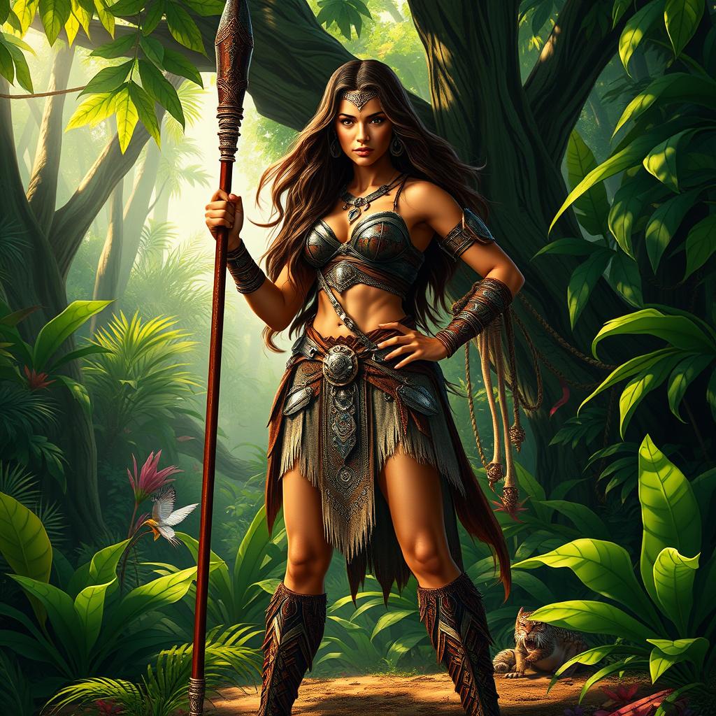 A fierce Amazon warrior standing confidently in a lush, vibrant jungle
