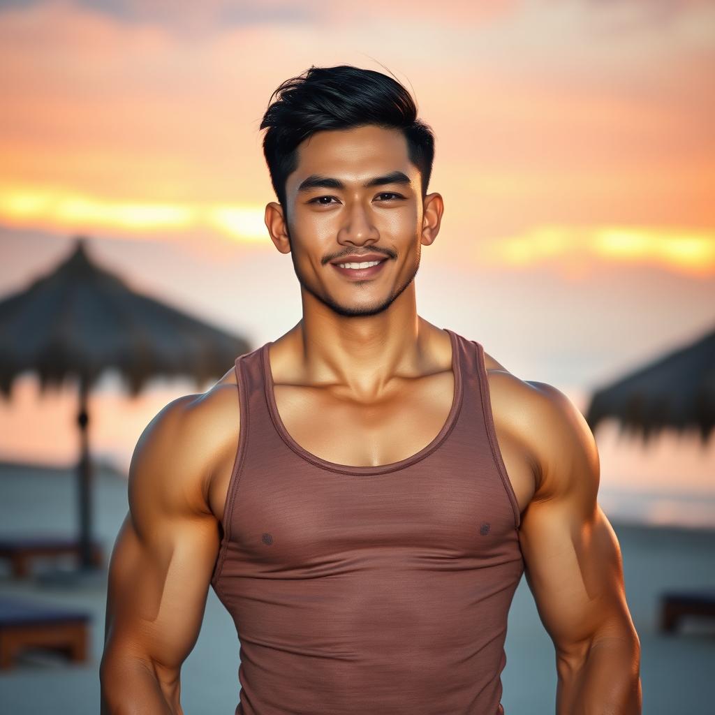 A muscular South East Asian man with a ripped physique, showcasing defined muscles and sharp facial features