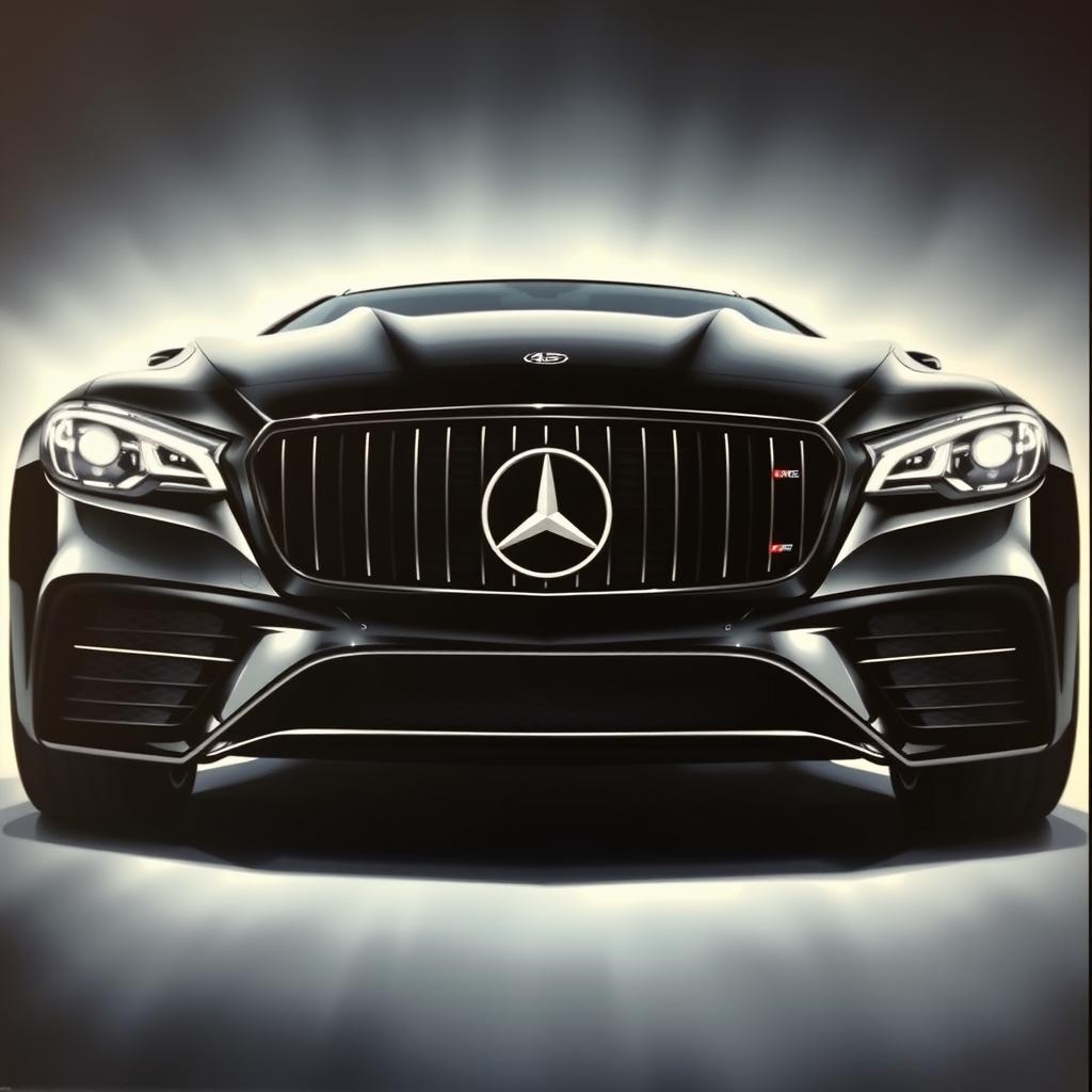 A stunning automotive painting featuring a sleek, luxury car design with a focus on dramatic shadowing and the elegant use of black color